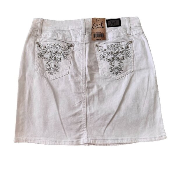 Earl Jean White Denim Mini Skirt Size 8 New Gems On Pockets Embroidered Pockets - Picture 4 of 5